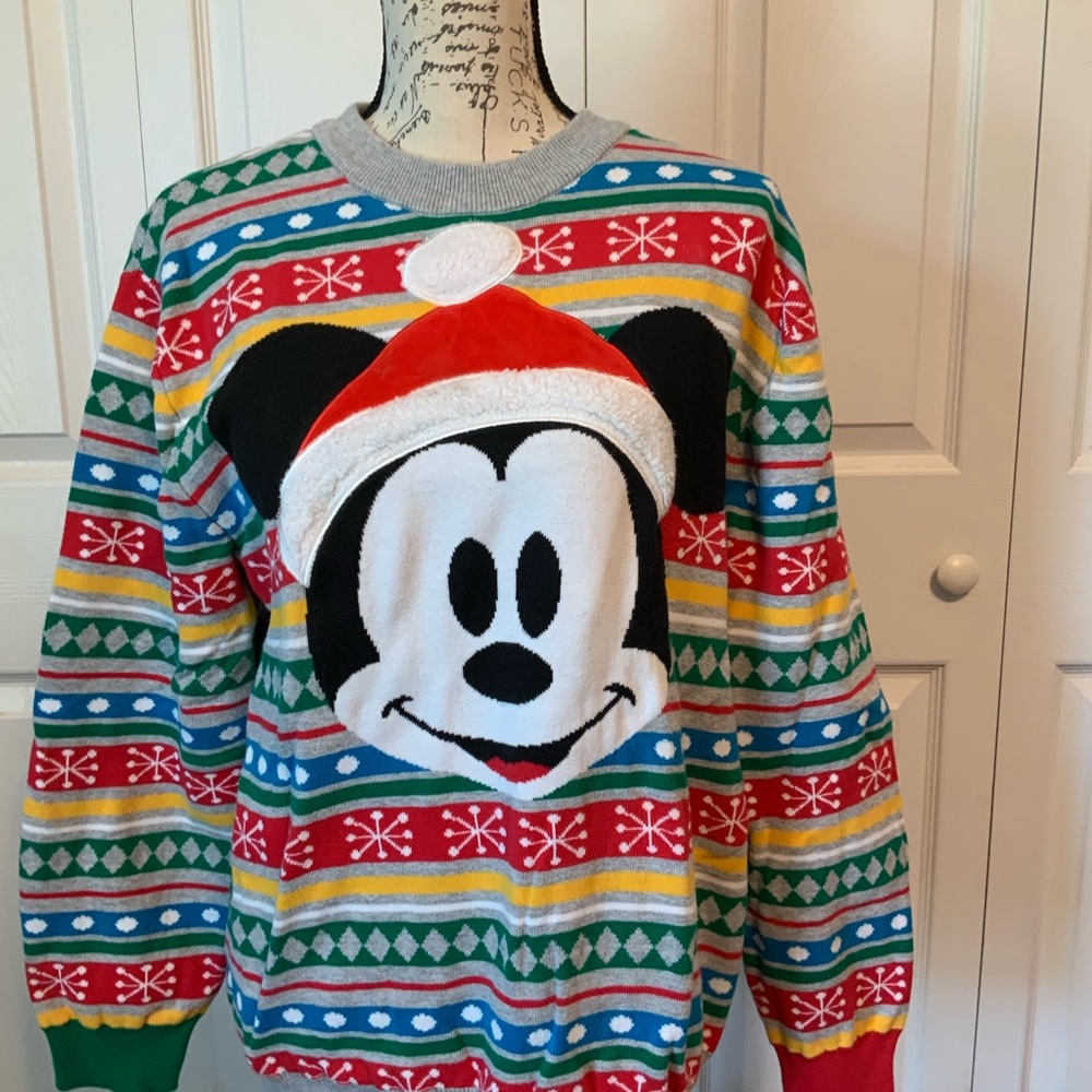 Disney Gray and Red Crewneck Sweater with Mickey Mouse